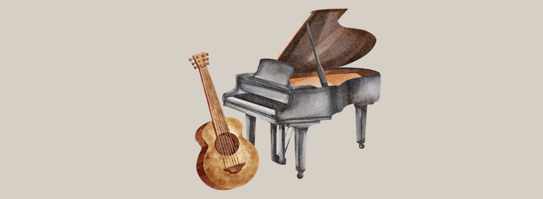 grafika przedstawiająca gitarę i fortepian