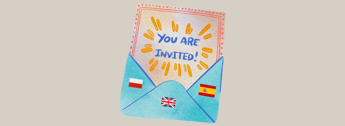 grafika przedstawiająca kopertę a na niej flagi: Polski, wielkiej Brytanii, Hiszpanii