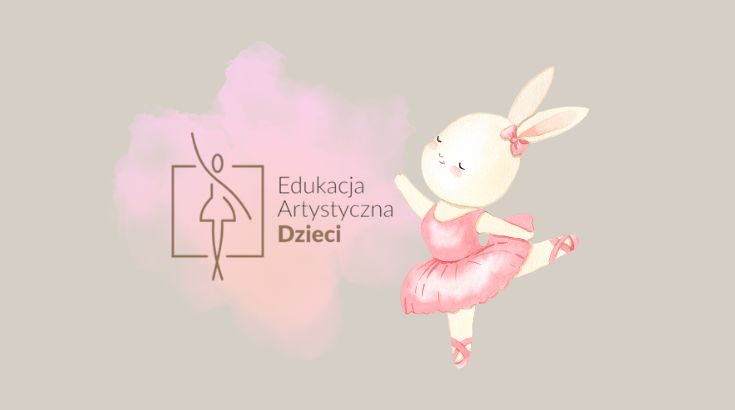 Grafika przedstawia białego tańczącego króliczka w różowym stroju baletowym.