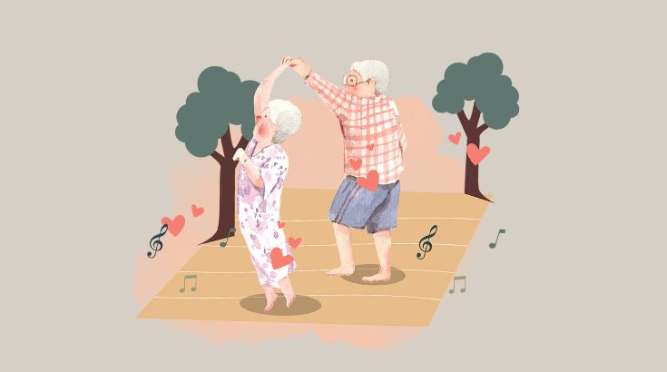 Grafika przedstawia parę tańczących seniorów na kocu. W tle dwa drzewa i unoszące się nuty.
