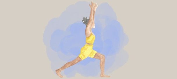 Grafika przedstawia kobietę w wykroku z uniesionymi rękami. Ma na sobie żółty strój sportowy.