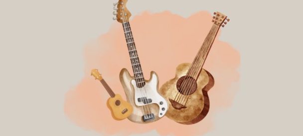 Grafika na szarym tle przedstawia 3 gitary. Od prawej akustyczna, w środku elektryczna, po lewej ukulele.