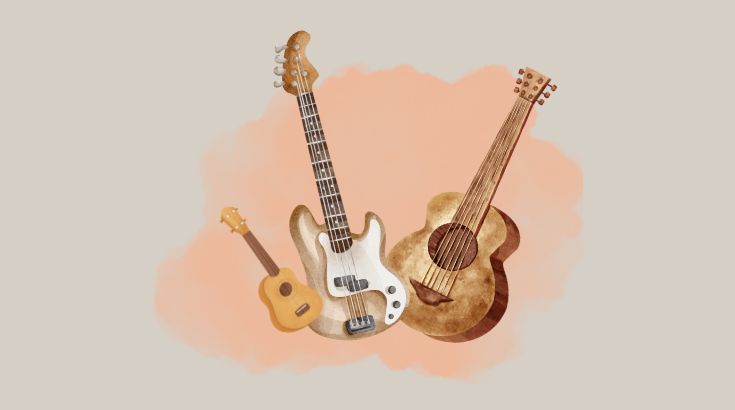 Grafika na szarym tle przedstawia 3 gitary. Od prawej akustyczna, w środku elektryczna, po lewej ukulele.