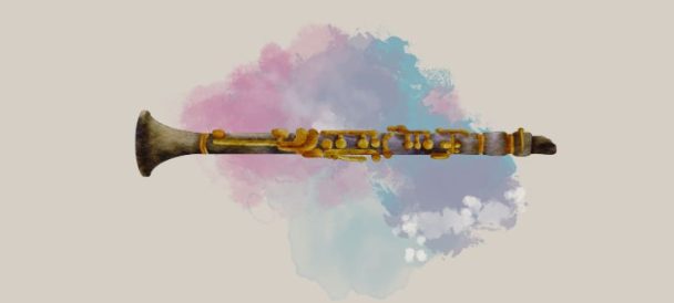 Grafika przedstawia klarnet na kolorowym tle.