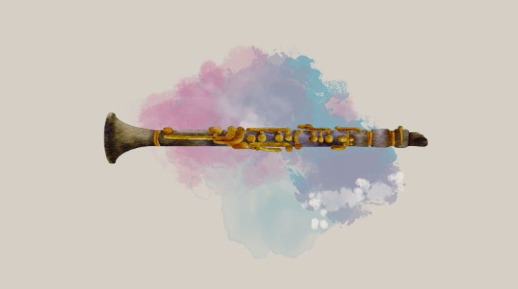 Grafika przedstawia klarnet na kolorowym tle.